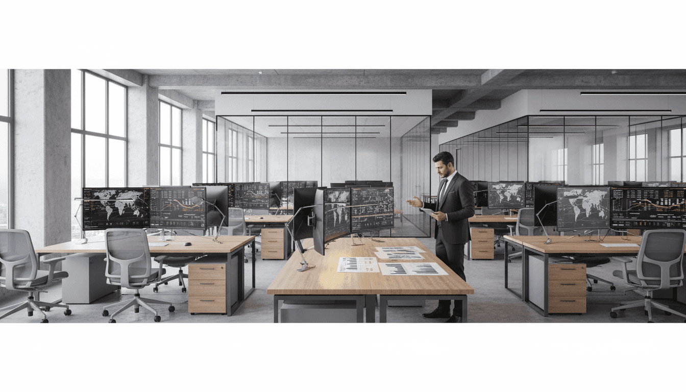 Professional advisory workspace with market data displays and strategic materials