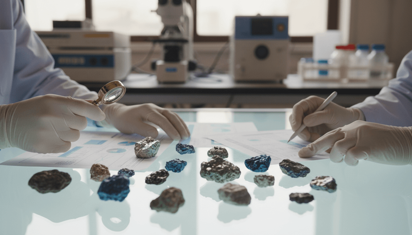 Battery material specialist examining mineral samples with technical documentation