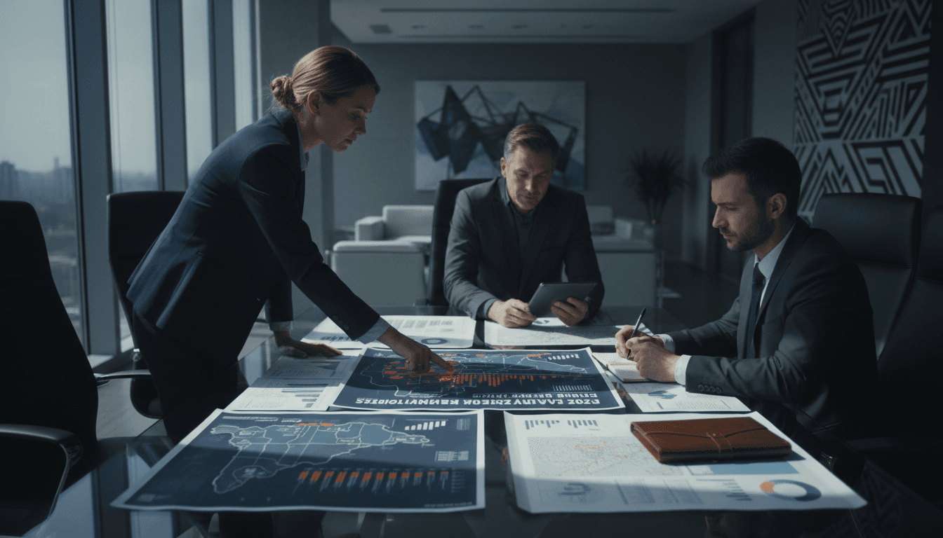 Strategic advisory meeting with executives reviewing market analysis
