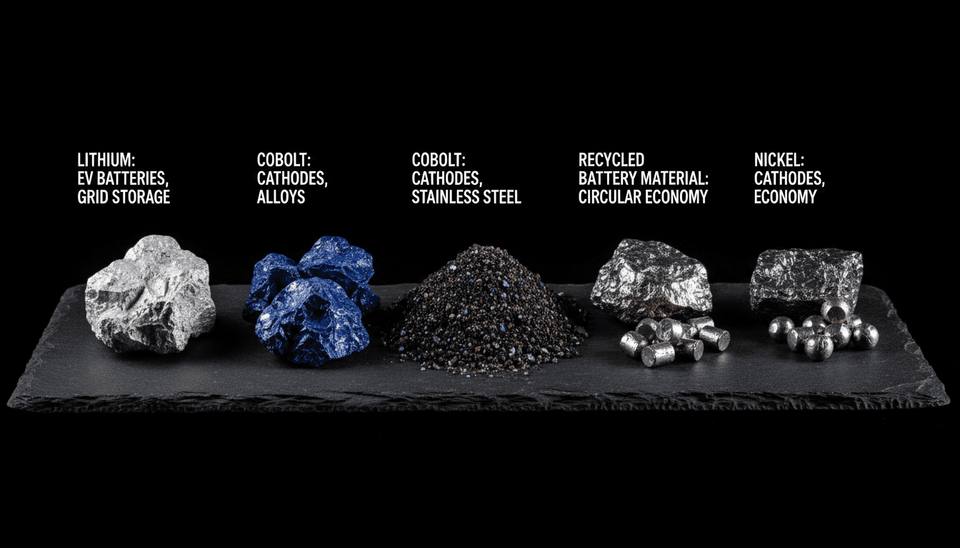 Raw battery materials and critical minerals specimens with industrial labeling