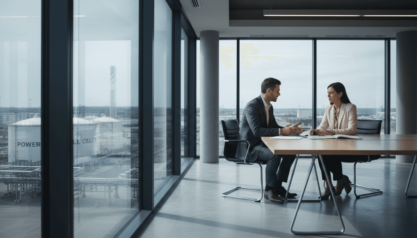 Two advisors reviewing battery materials and supply chain strategy documents in a modern conference room overlooking an industrial facility