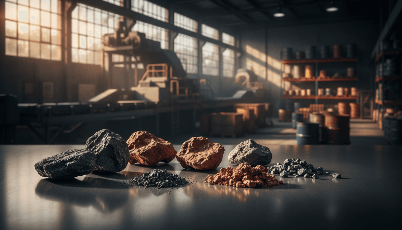 Battery materials and refined critical minerals displayed in an industrial processing facility